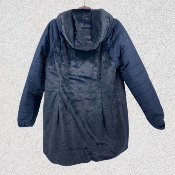 THE NORTH FACE Women Mossbud Reversible Parka Large Navy Insulated Hooded Coat - Picture 5 of 13